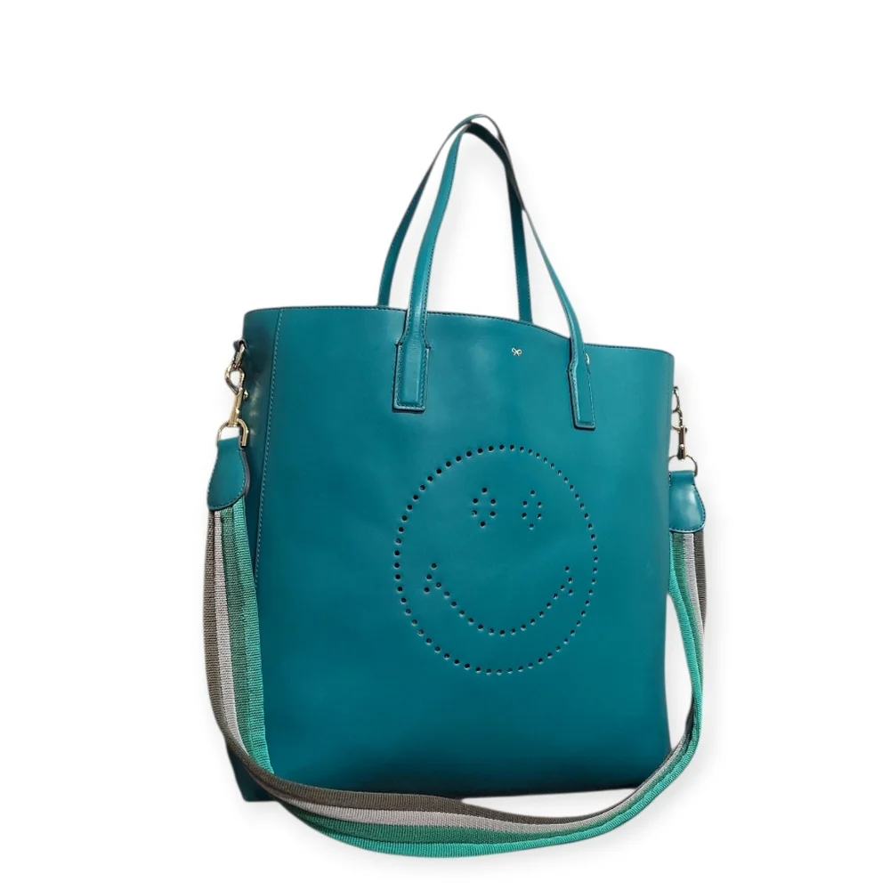 Anya Hindmarch Teal Smile Perforated Leather Tote